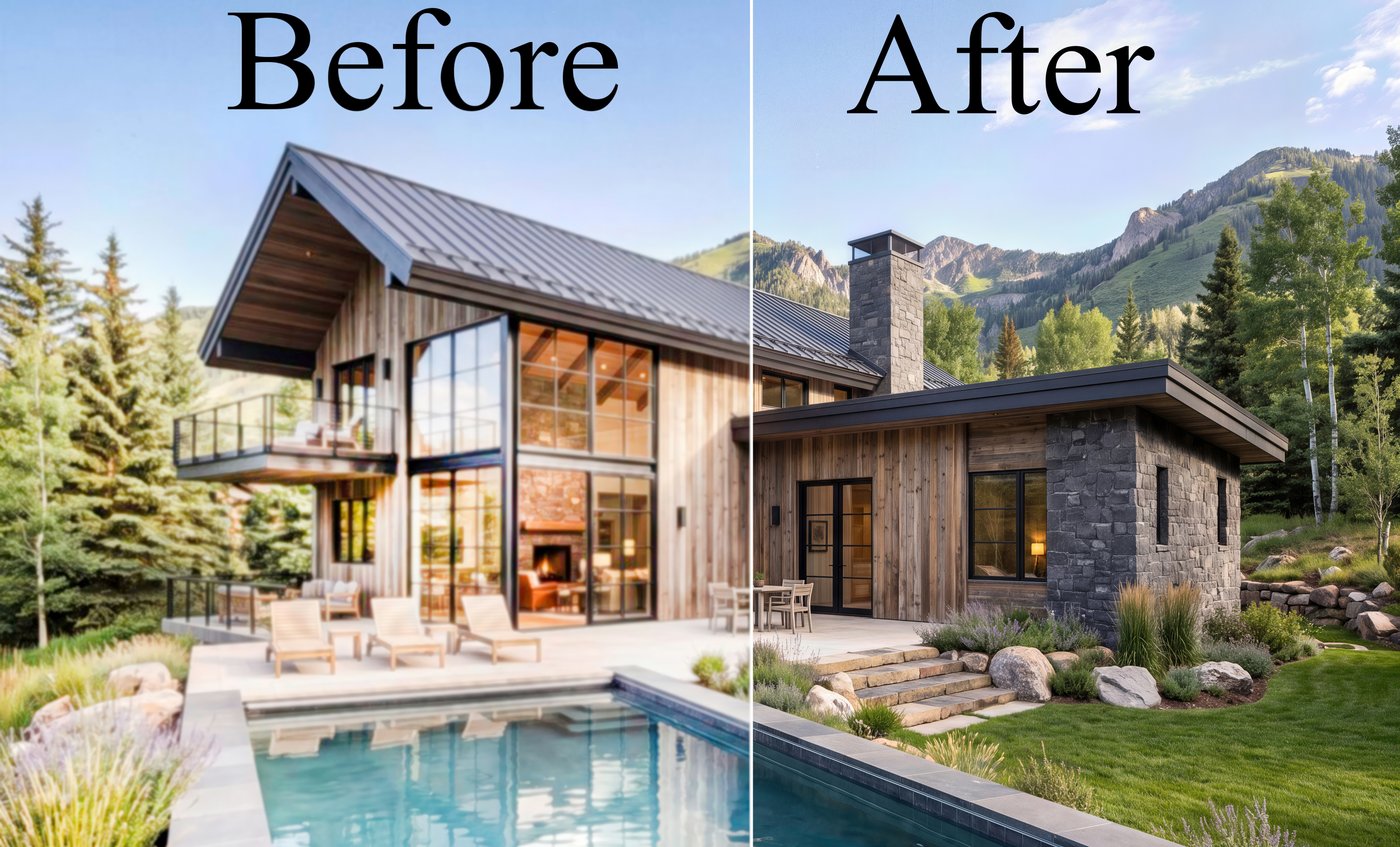Before and after: a soft, hazy photo of a mountain home next to the sharp, finished version