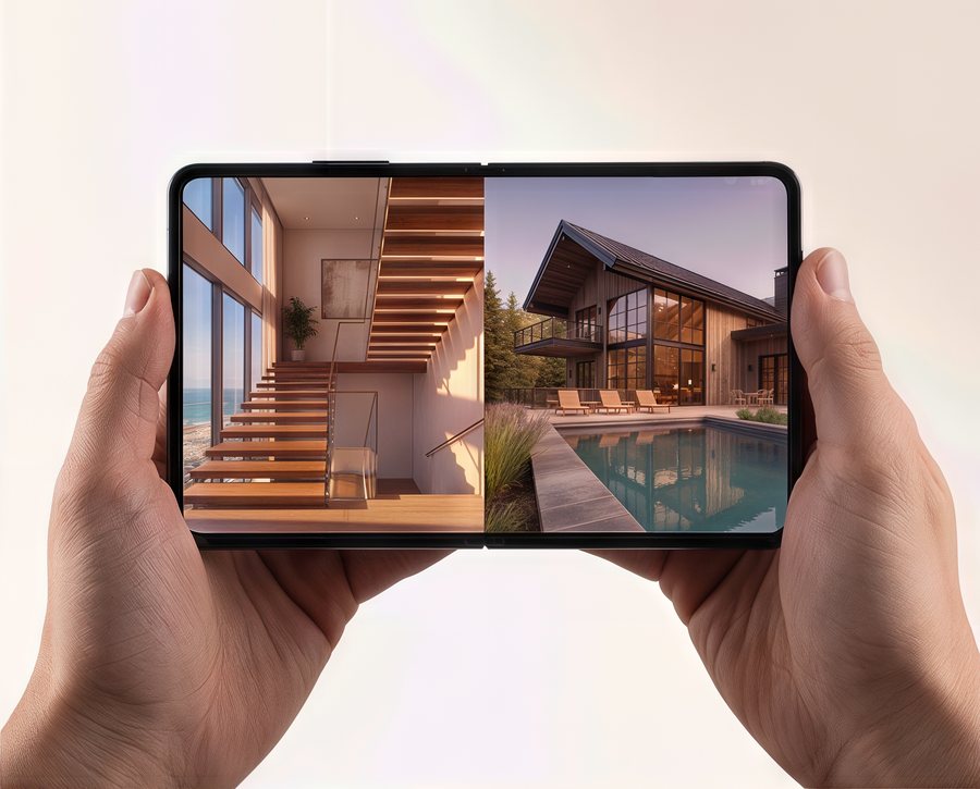 A property film playing on a folding phone