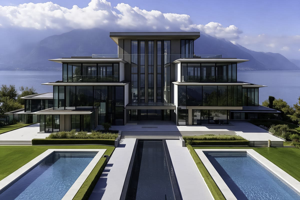Aerial view of a glass villa with two pools and a reflecting channel by a lake