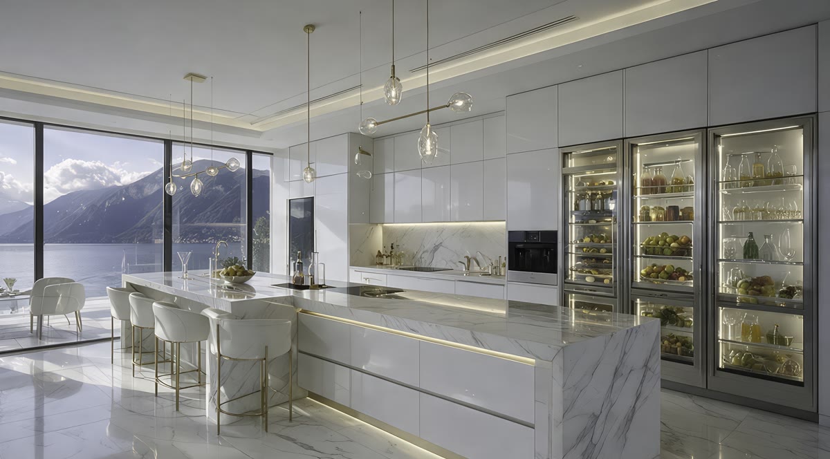 White marble kitchen with an island and glass-front fridges
